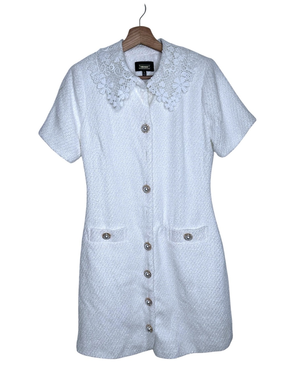 Alexia Admor Grady Ivory Boucle Tweed Rhinestone Button-Down Lace Detail Dress 6 - Picture 3 of 11